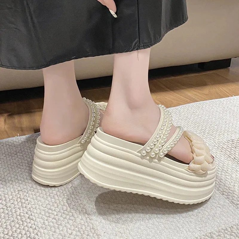 High Platform Summer Pearls Sandals with Buckle Straps