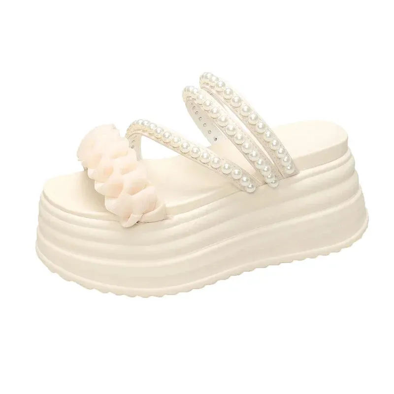 High Platform Summer Pearls Sandals with Buckle Straps