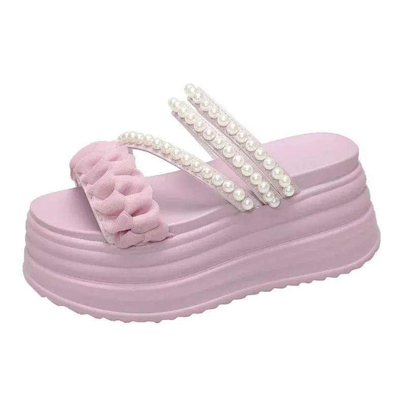 High Platform Summer Pearls Sandals with Buckle Straps