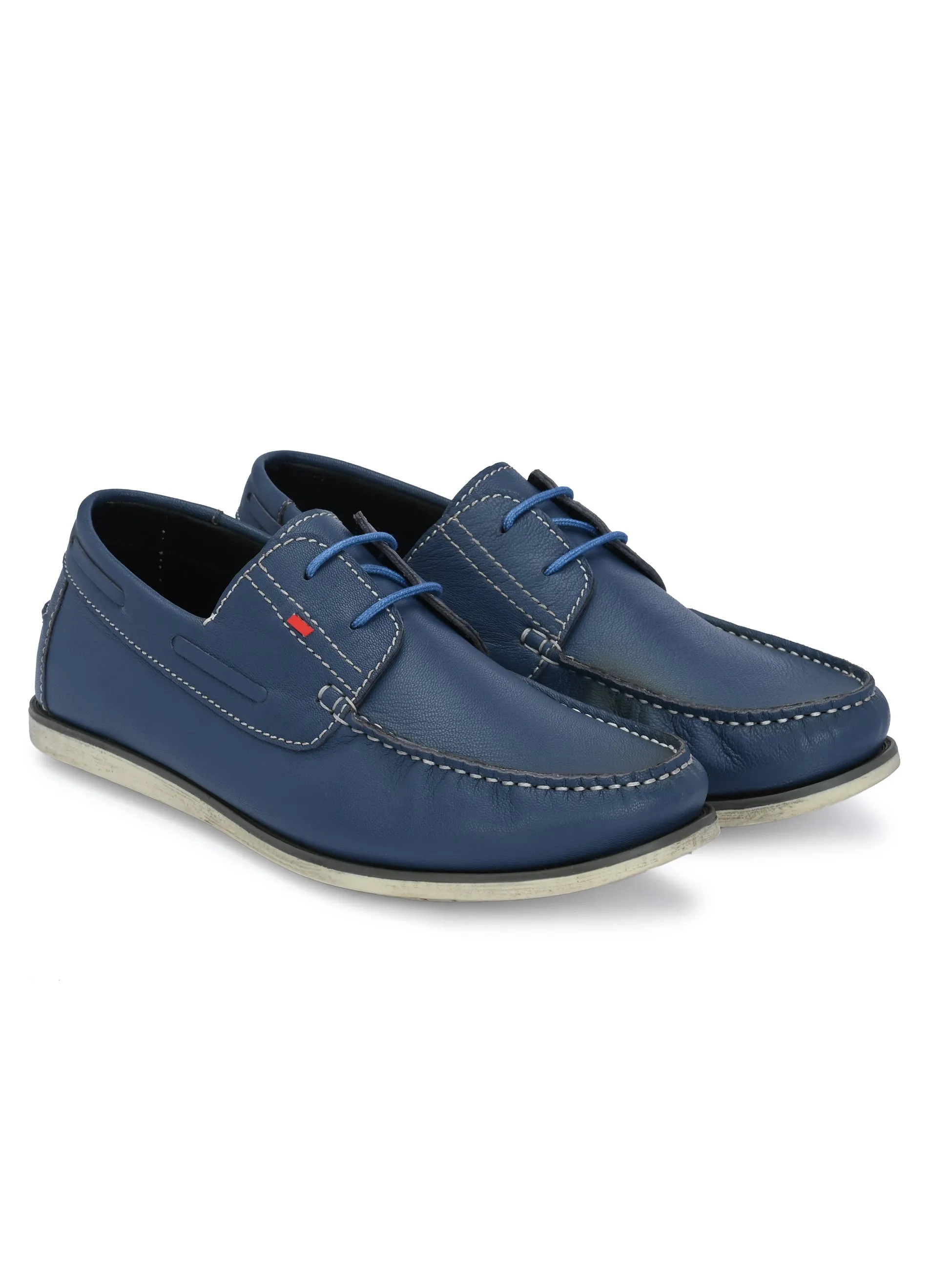 HITZ701 Men's Blue Leather Boat Lace-Up Shoes