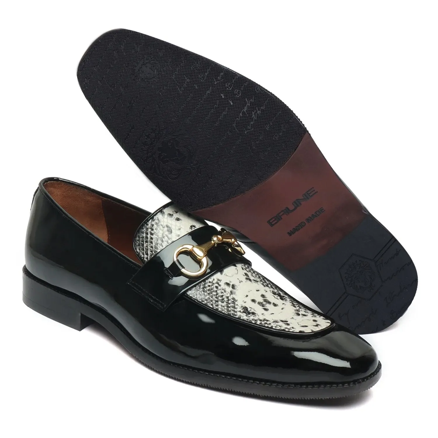 Horse-bit Buckled Slip-On Shoes With Snake Print Leather at Vamp in Black Patent Leather