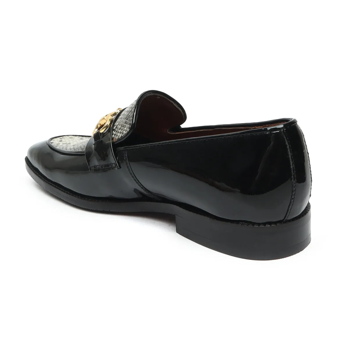 Horse-bit Buckled Slip-On Shoes With Snake Print Leather at Vamp in Black Patent Leather