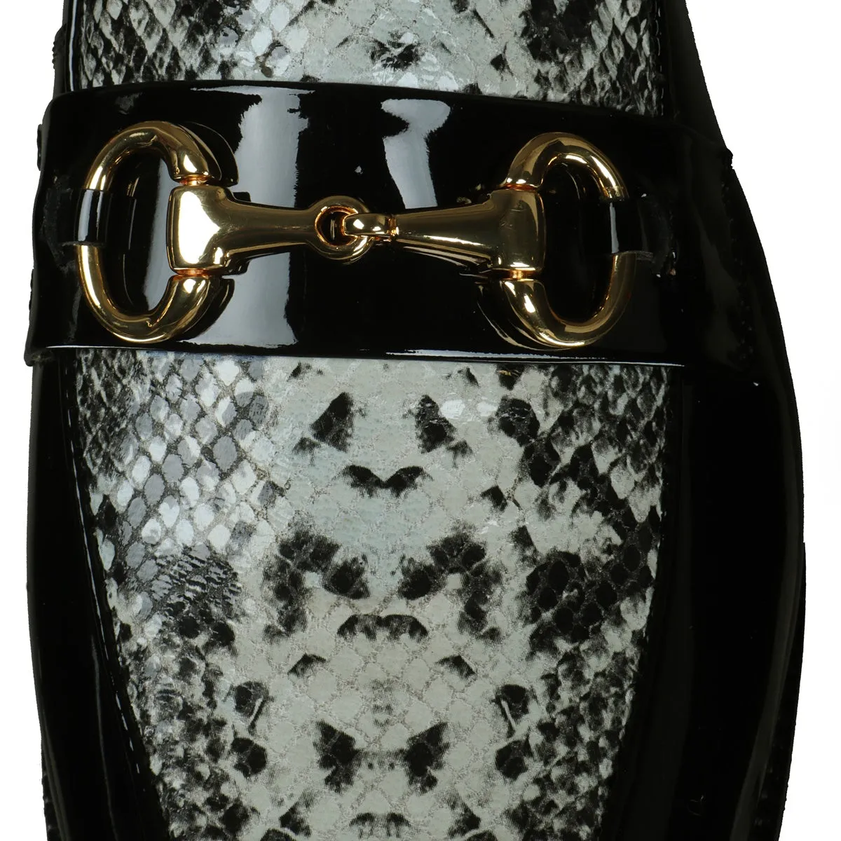 Horse-bit Buckled Slip-On Shoes With Snake Print Leather at Vamp in Black Patent Leather