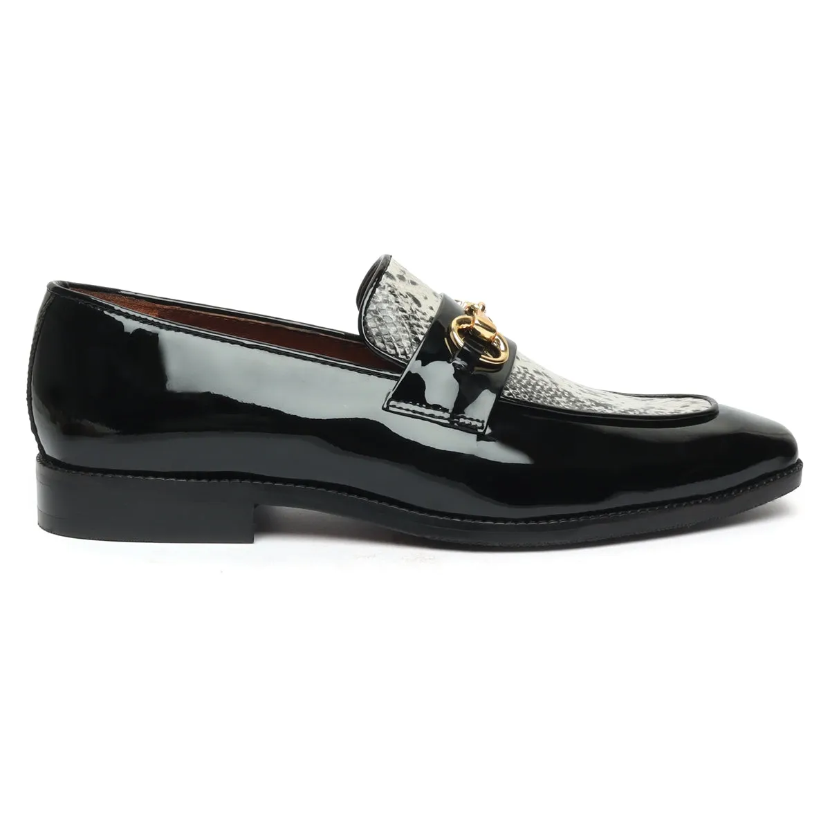 Horse-bit Buckled Slip-On Shoes With Snake Print Leather at Vamp in Black Patent Leather