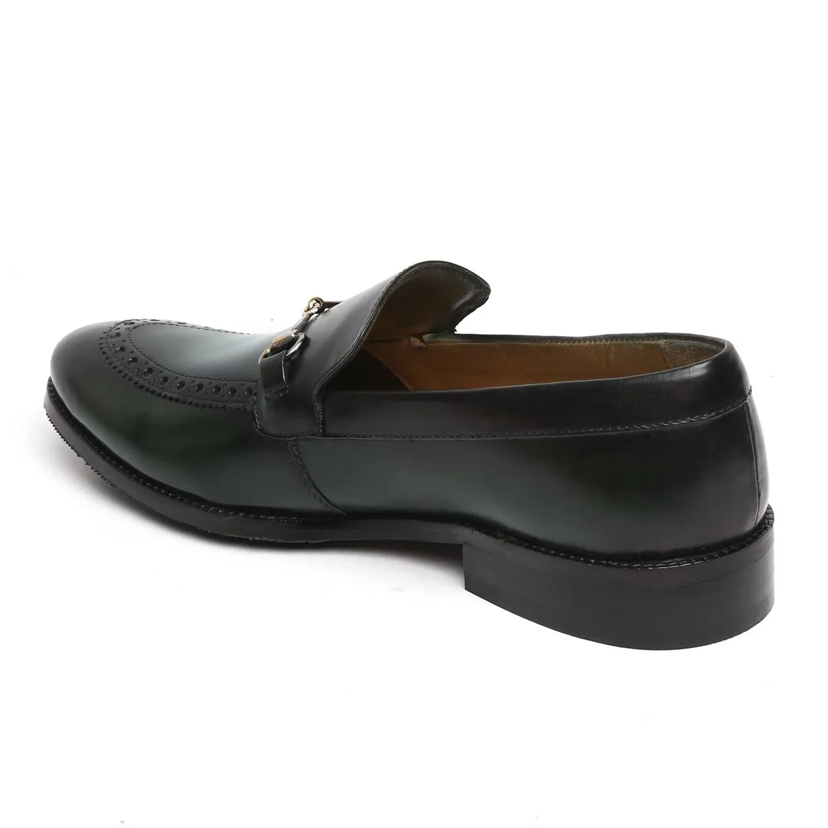 Horse-bit Detailing Leather Loafers with Green Punching Brogue Design