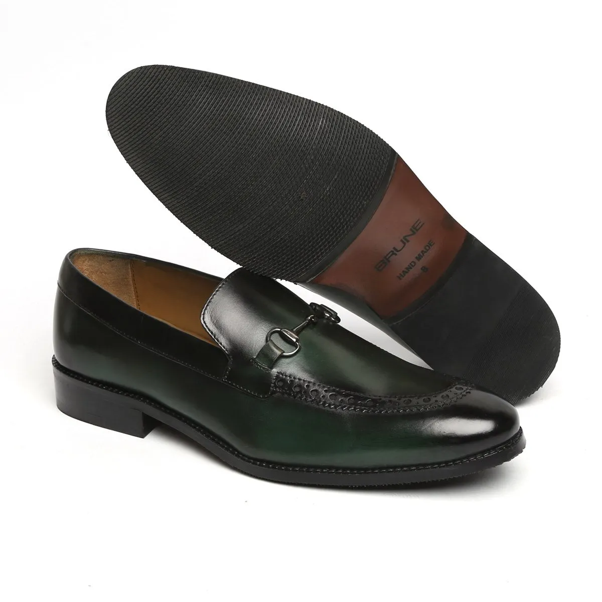 Horse-bit Detailing Leather Loafers with Green Punching Brogue Design