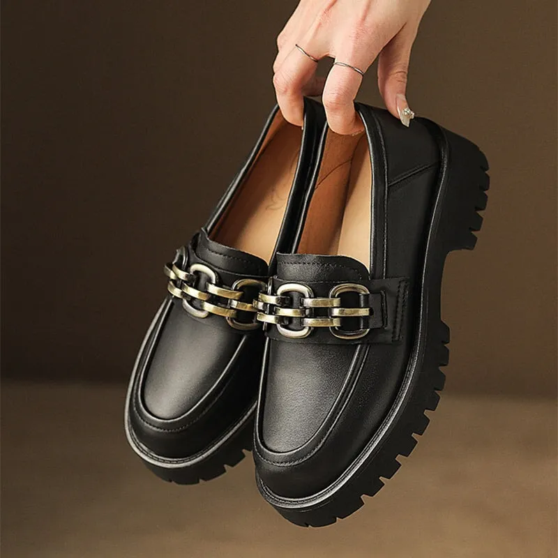 Horsebit-Detailed Handmade Leather Platform Loafers For Women In Black/Coffee