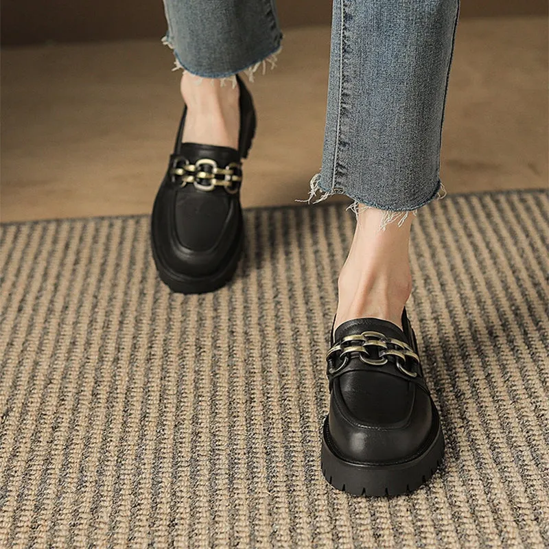 Horsebit-Detailed Handmade Leather Platform Loafers For Women In Black/Coffee