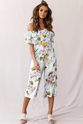 Keeper Off-Shoulder Culotte Jumpsuit Floral Print White