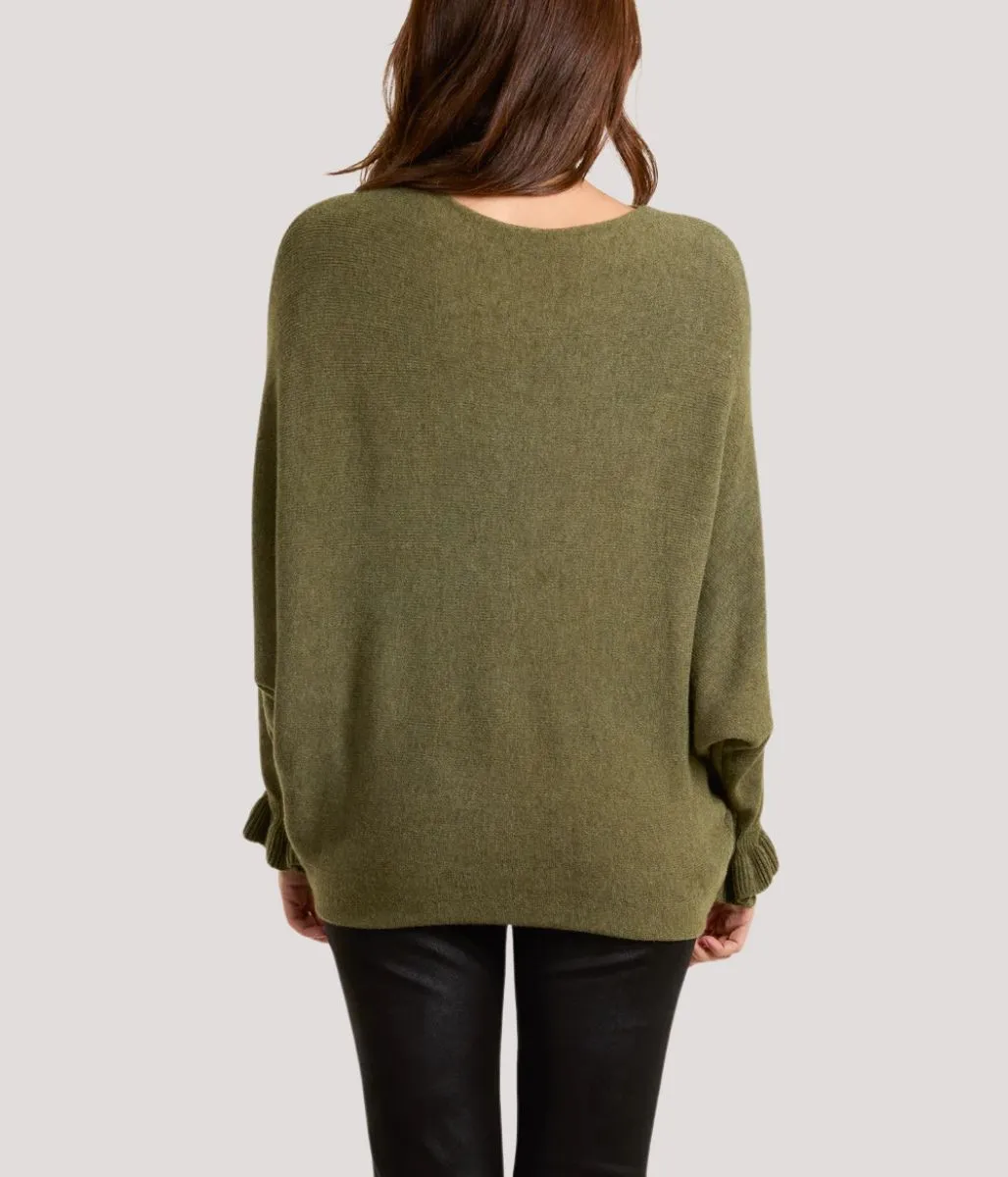 Khaki Ruffle Sleeve Batwing Jumper