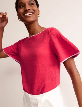 Maggie Boat Neck Linen T-Shirt-Bright Coral