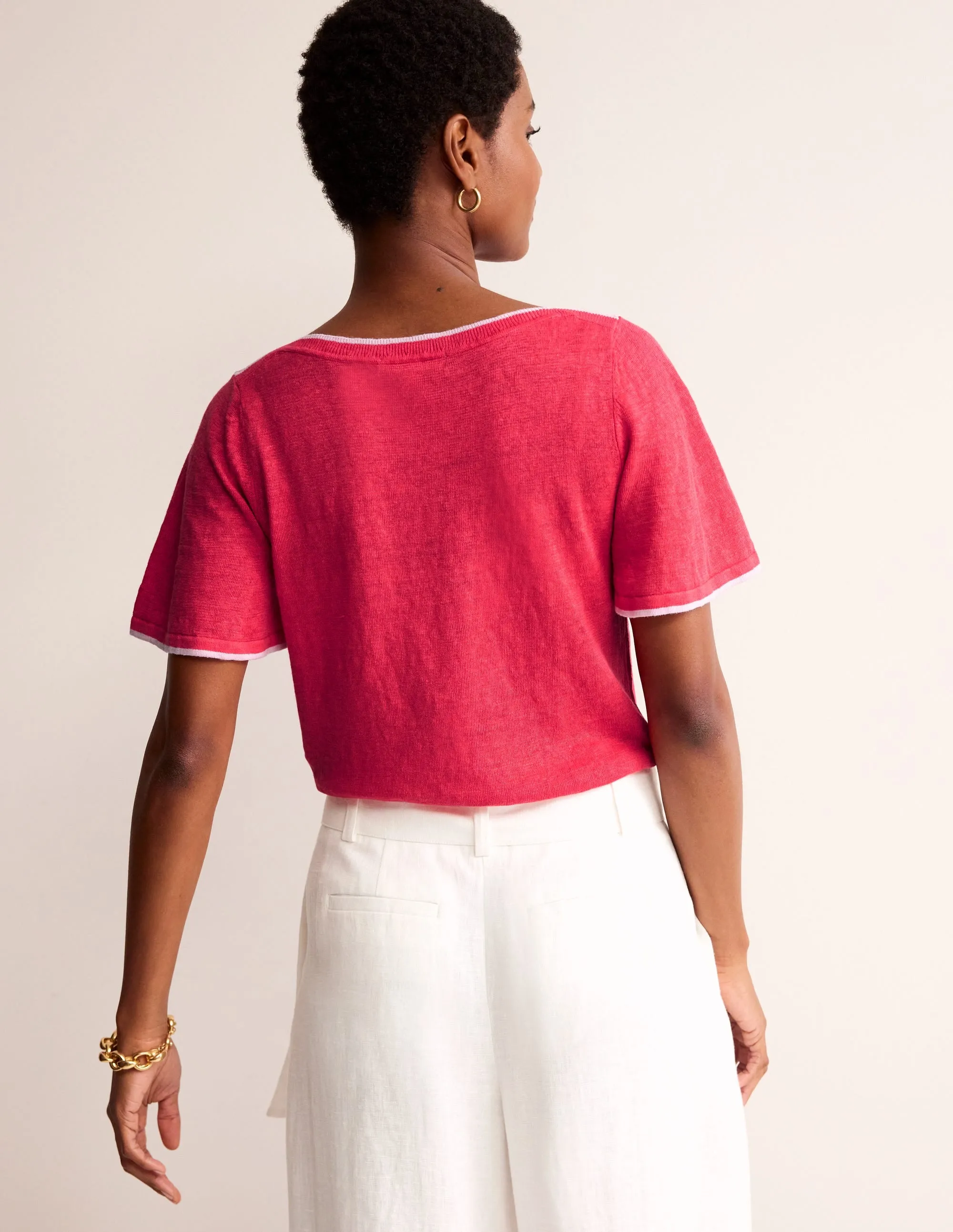 Maggie Boat Neck Linen T-Shirt-Bright Coral