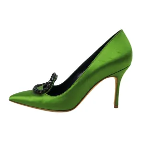 Manolo Blahnik Green Satin Crystal Black Pumps 35