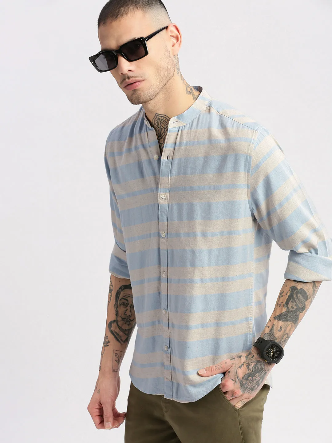 Men Mandarin Collar Horizontal Stripes Beige Casual Shirt