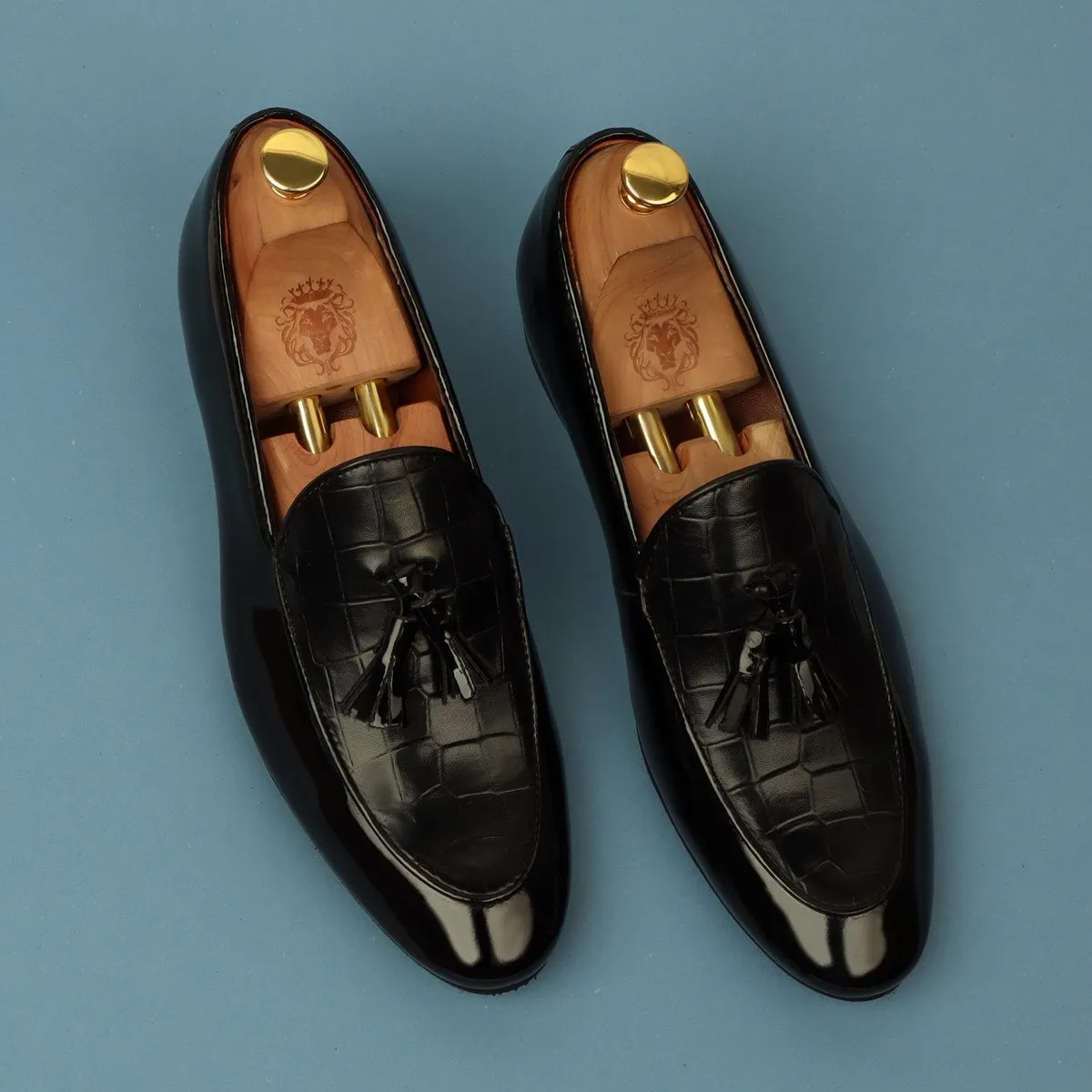 Men's Black Tassel Loafers with Deep Cut Croco Leather at Vamp by Brune & Bareskin