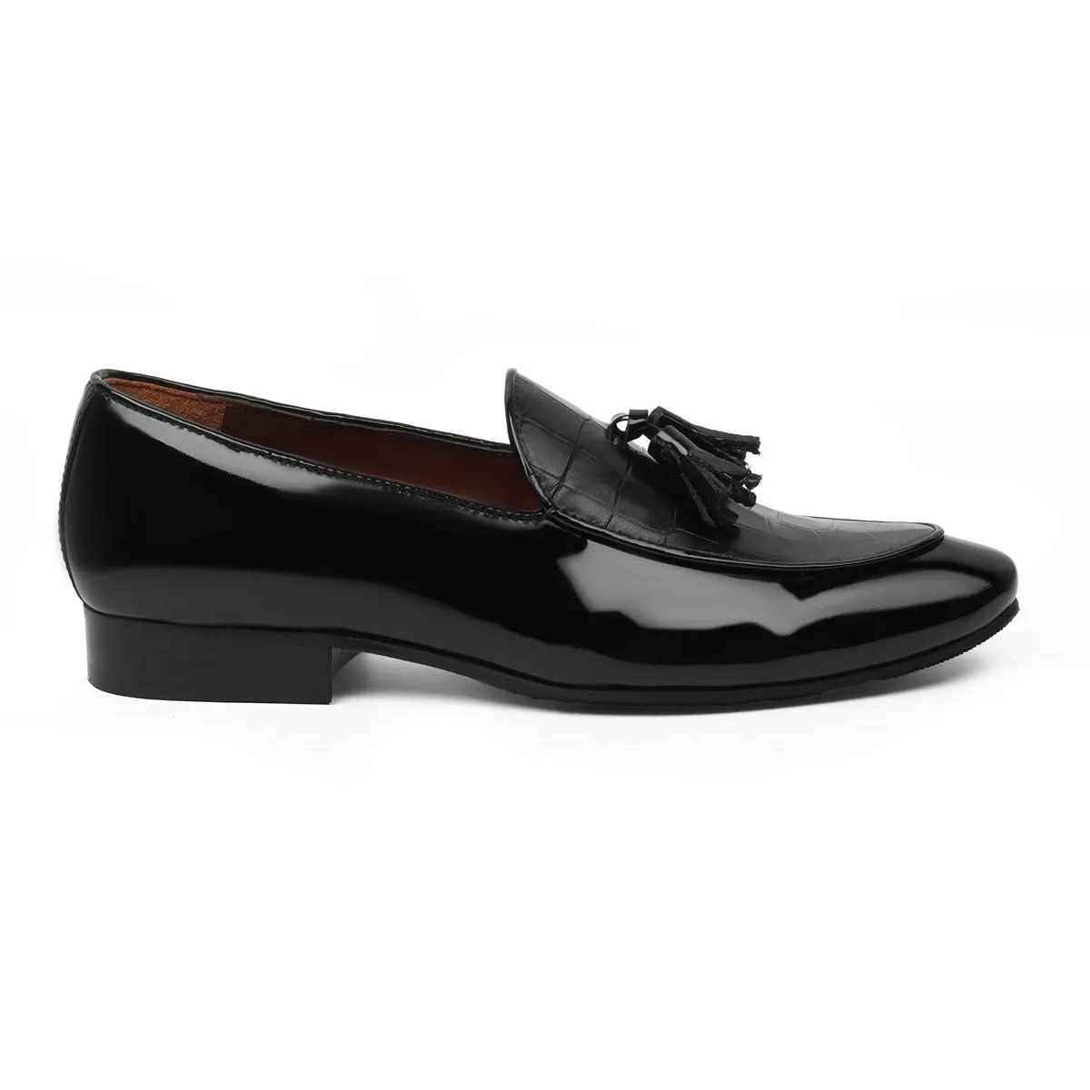 Men's Black Tassel Loafers with Deep Cut Croco Leather at Vamp by Brune & Bareskin