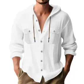 Men's Casual Cotton Linen Chest Pocket Loose Hooded Long Sleeve Shirt 31015546M