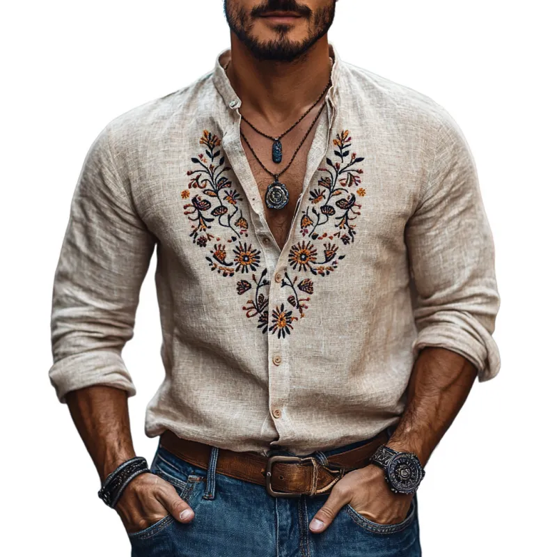 Men's Casual Cotton Linen Embroidered Stand Collar Slim Fit Long Sleeve Shirt 79926934M