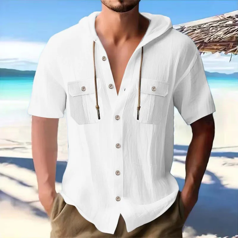 Men's Casual Cotton Linen Hooded Chest Pocket Loose Short Sleeve Shirt 52497873M