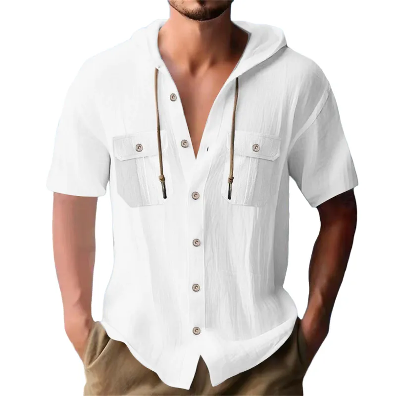 Men's Casual Cotton Linen Hooded Chest Pocket Loose Short Sleeve Shirt 52497873M