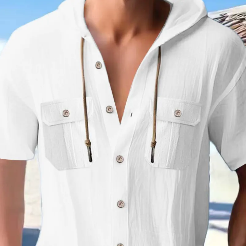 Men's Casual Cotton Linen Hooded Chest Pocket Loose Short Sleeve Shirt 52497873M