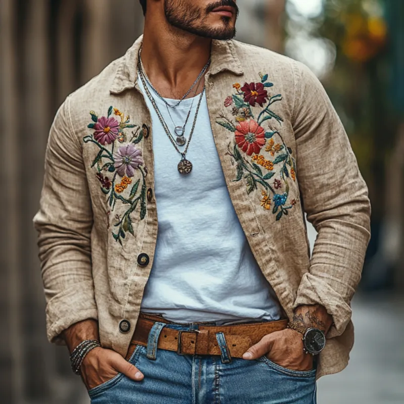 Men's Casual Linen Embroidered Lapel Loose Long Sleeve Shirt 13095416M