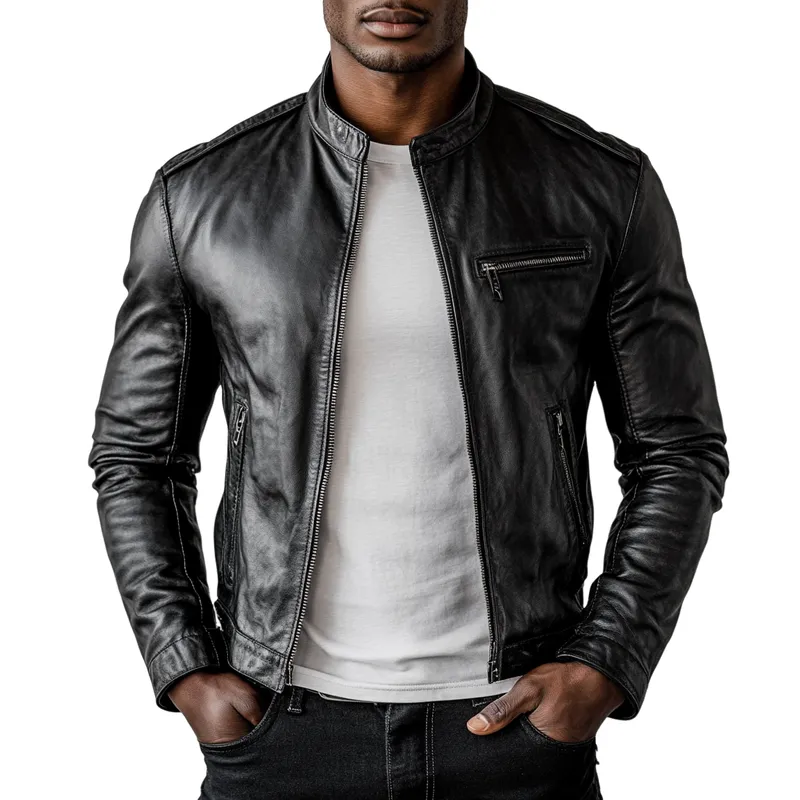 Men's Casual Stand Collar Zipper Slim Fit PU Leather Jacket 81448170M