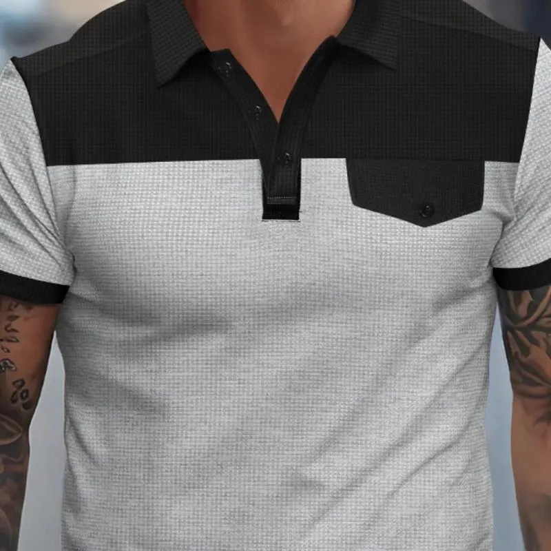 Men's Casual Waffle Colorblock Patchwork Lapel Slim Short-sleeved Polo Shirt 36202244M