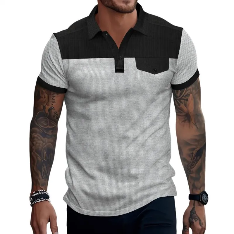 Men's Casual Waffle Colorblock Patchwork Lapel Slim Short-sleeved Polo Shirt 36202244M