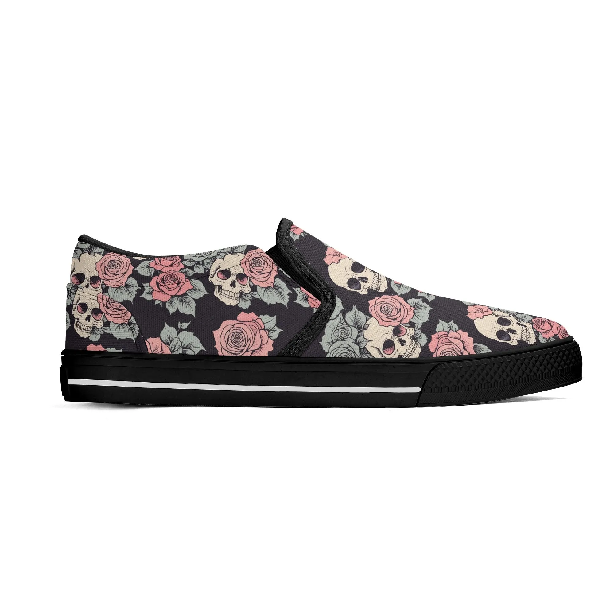 Mens Skull and Pink Rose Rubber Slip On Shoes