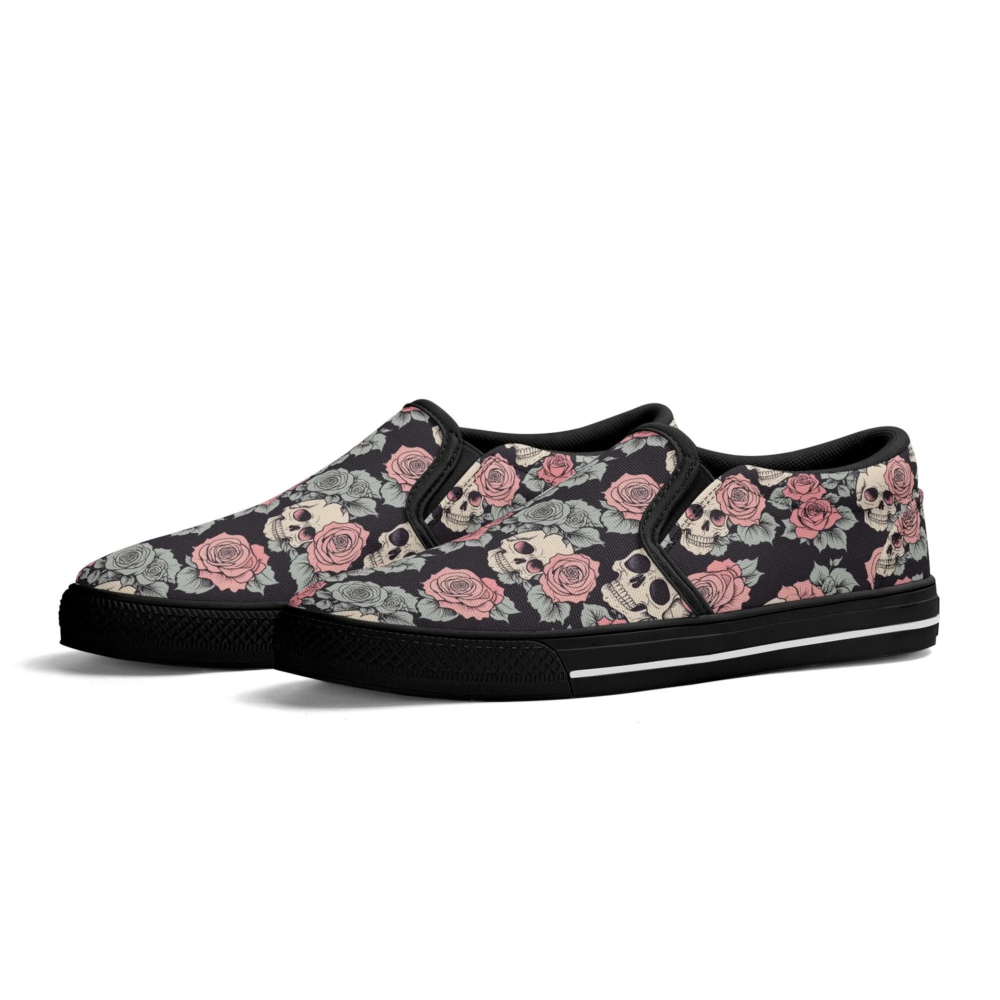 Mens Skull and Pink Rose Rubber Slip On Shoes