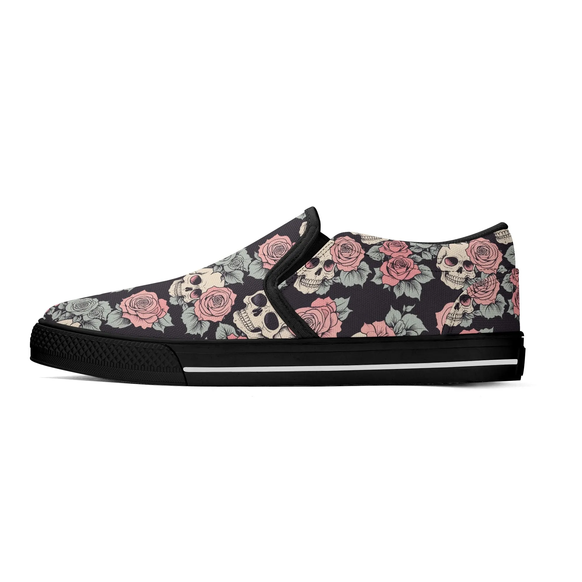 Mens Skull and Pink Rose Rubber Slip On Shoes