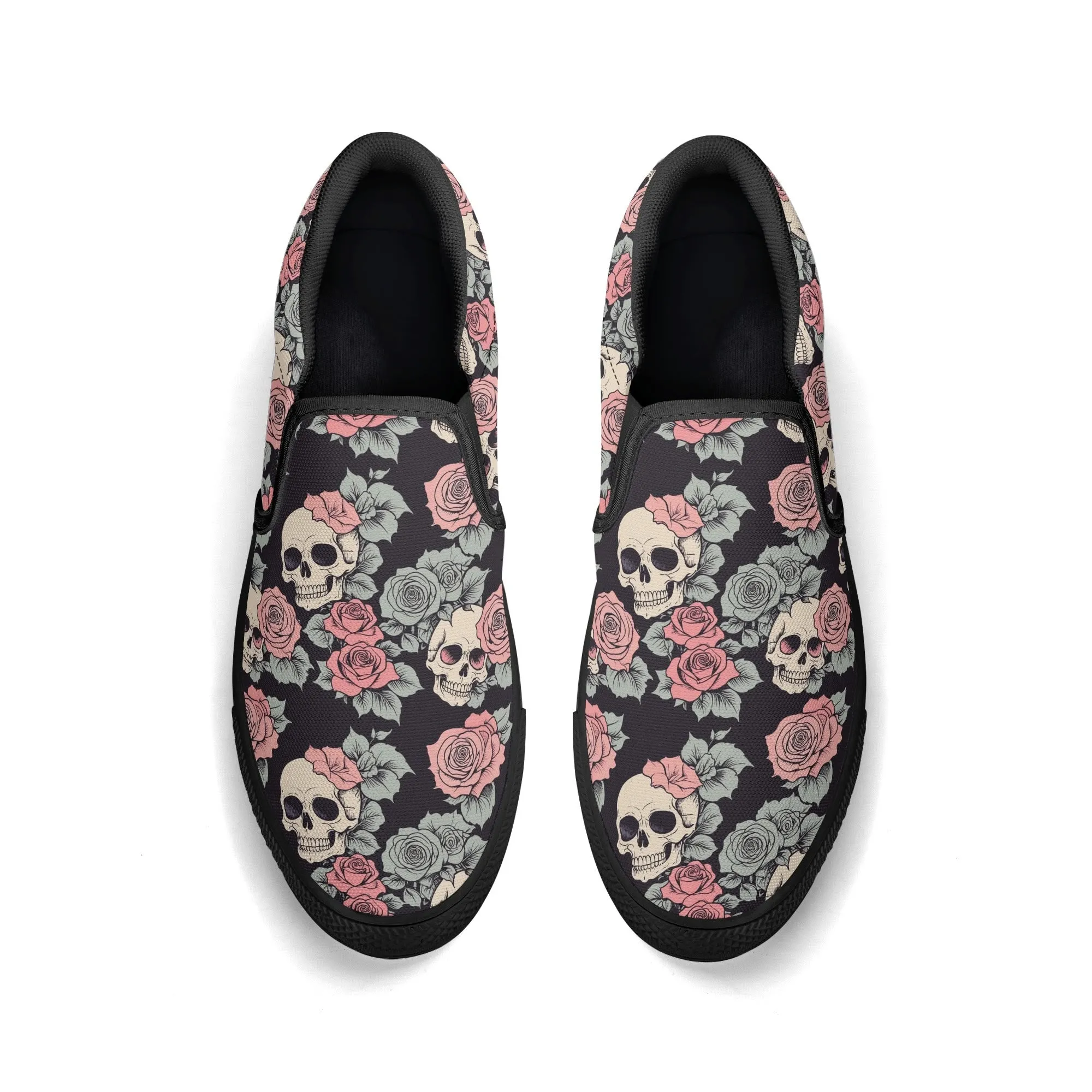 Mens Skull and Pink Rose Rubber Slip On Shoes