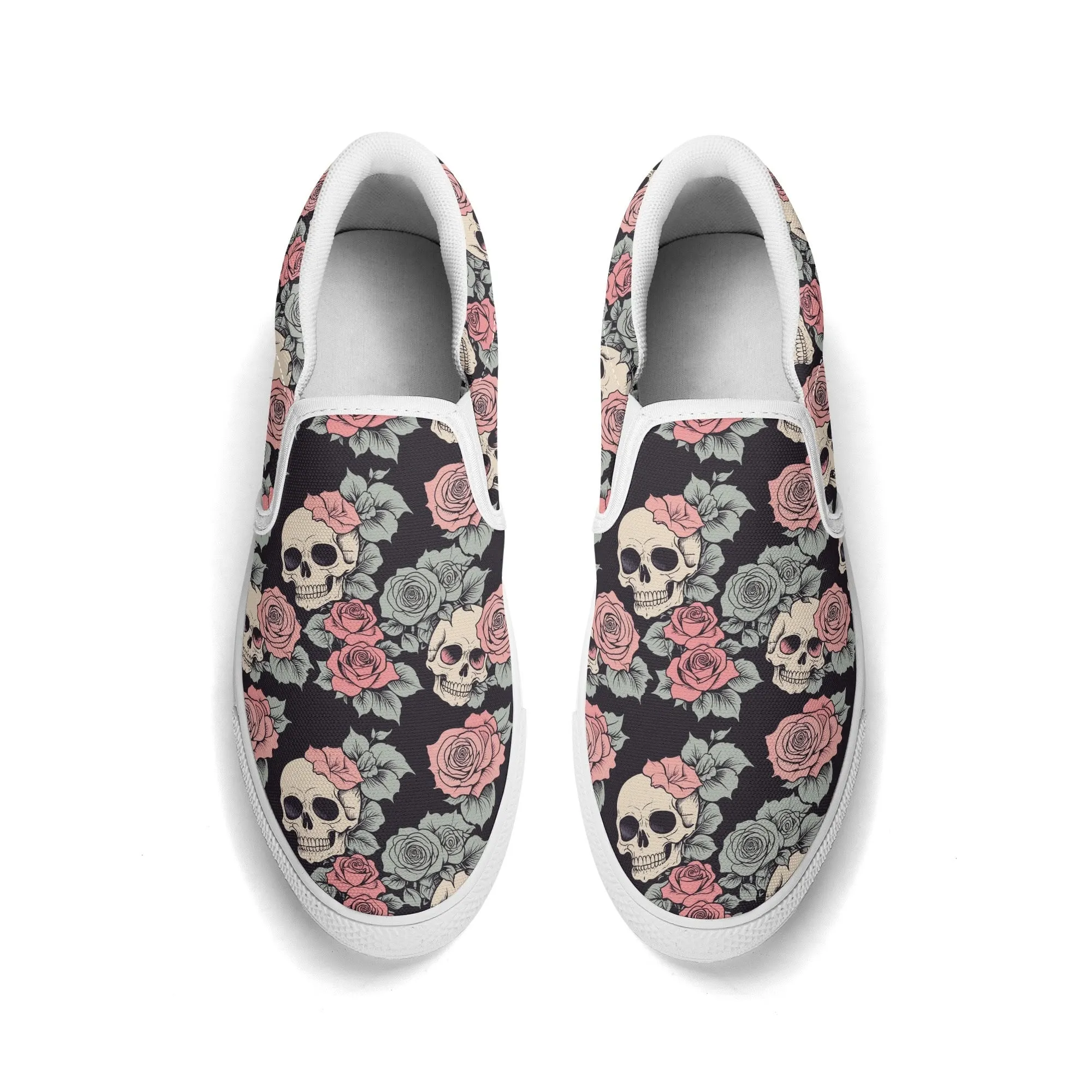 Mens Skull and Pink Rose Rubber Slip On Shoes