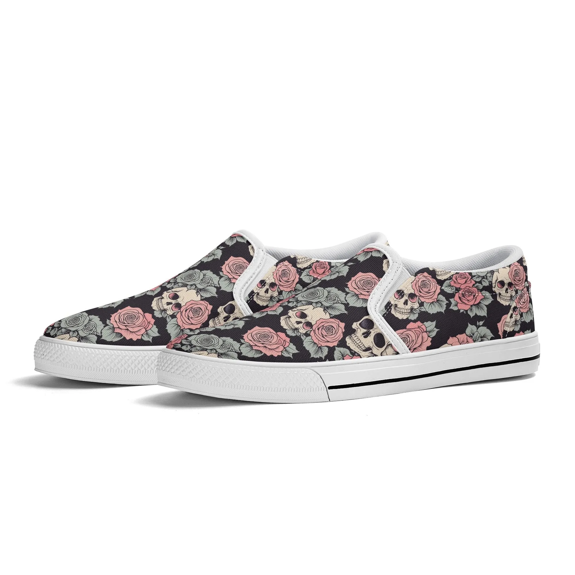 Mens Skull and Pink Rose Rubber Slip On Shoes