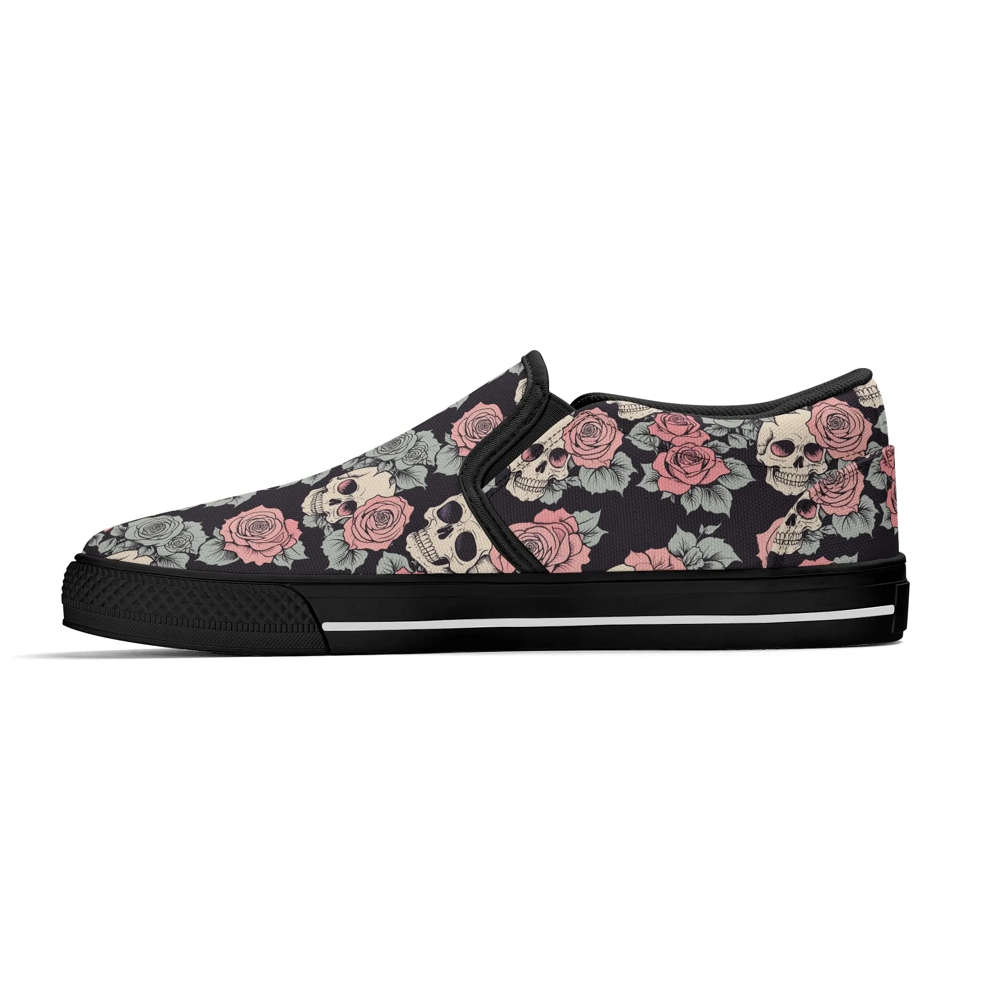 Mens Skull and Pink Rose Rubber Slip On Shoes