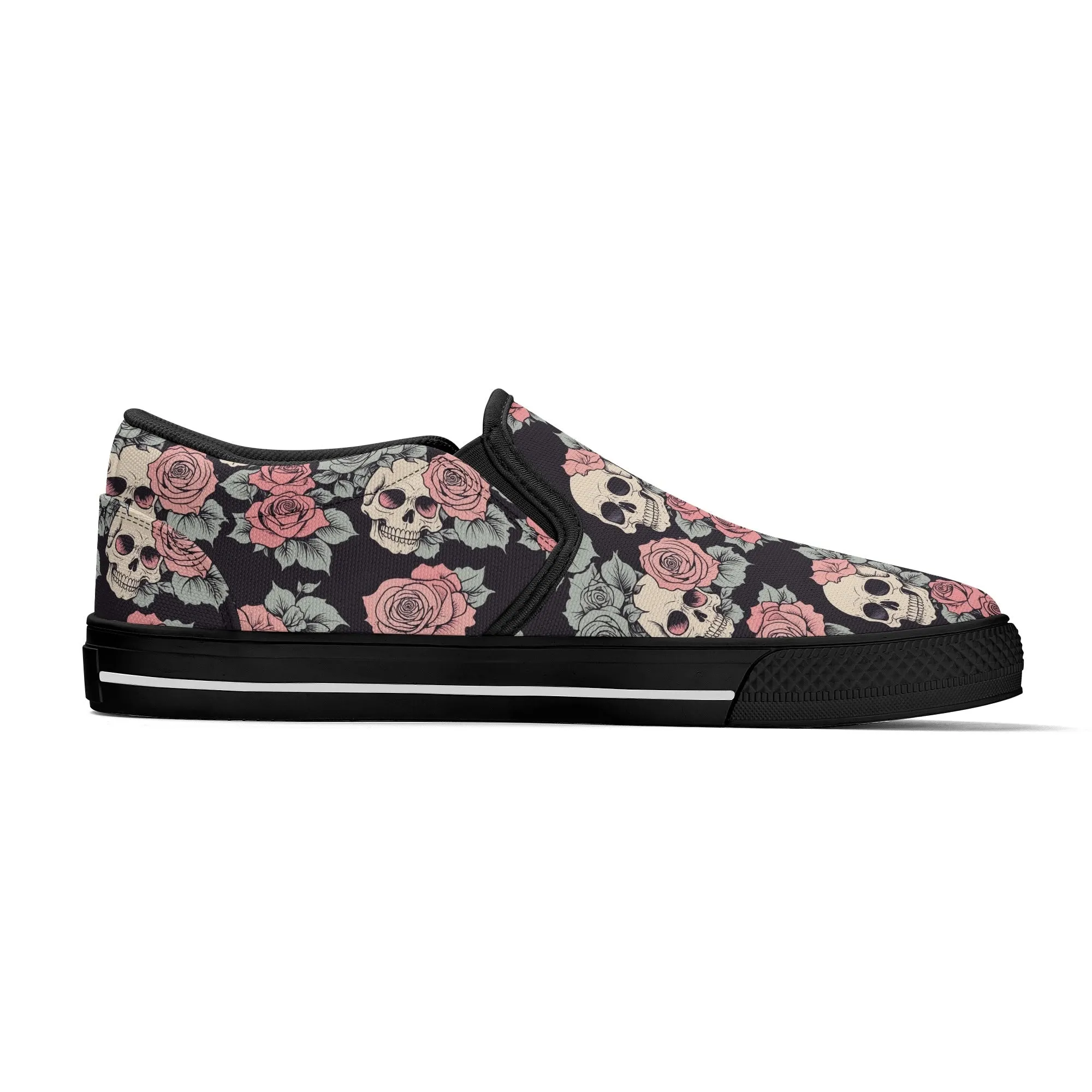 Mens Skull and Pink Rose Rubber Slip On Shoes