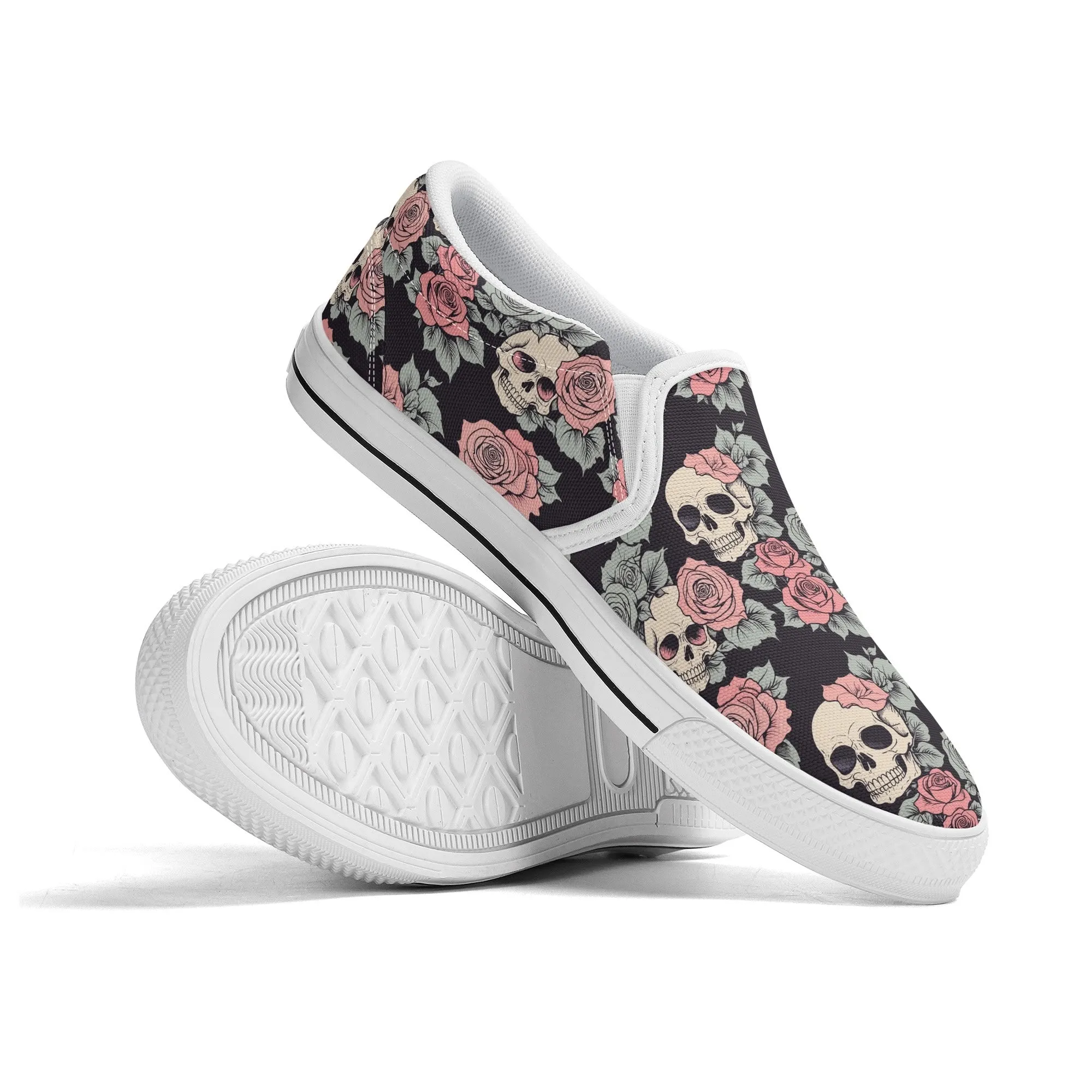 Mens Skull and Pink Rose Rubber Slip On Shoes