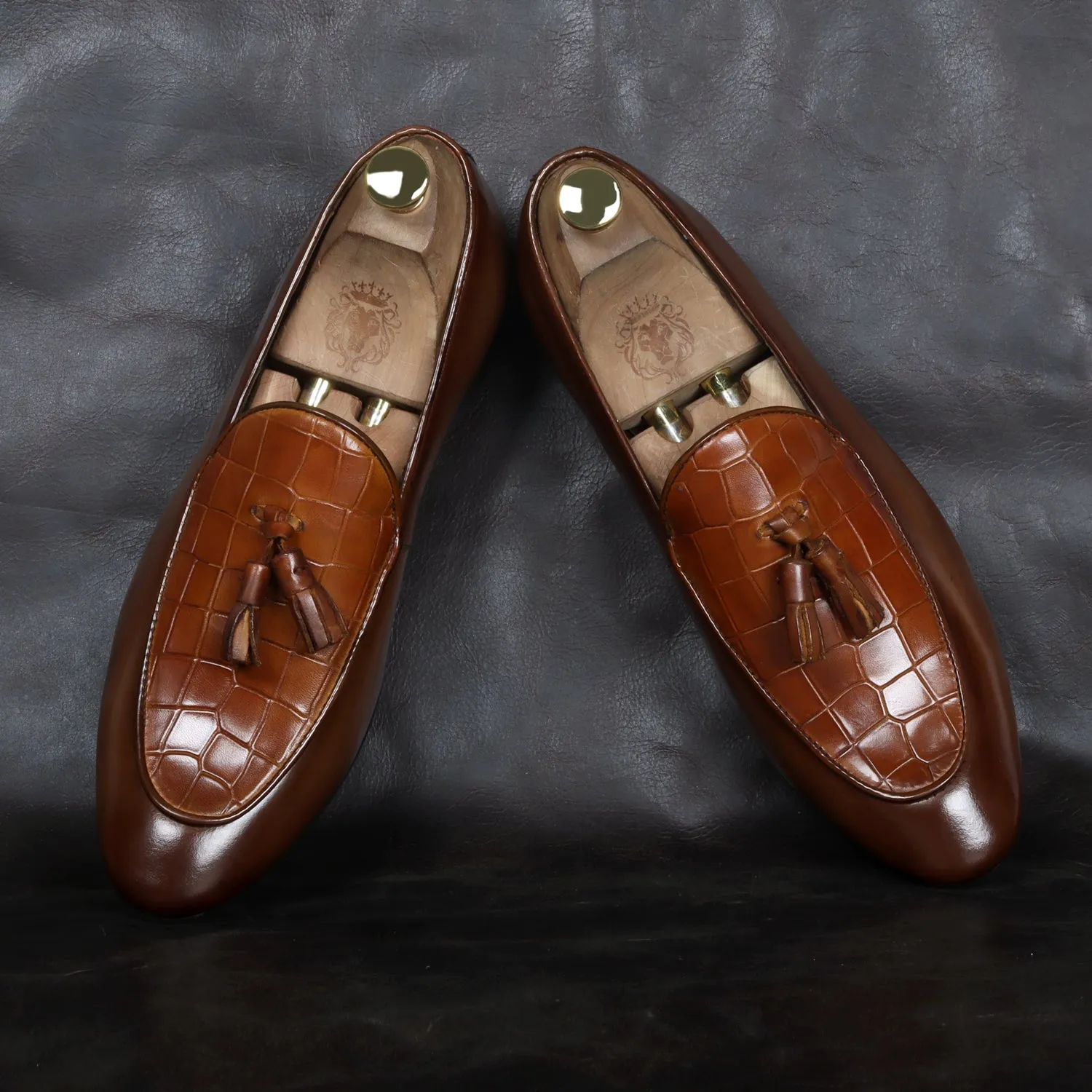 Men's Tan Tassel Loafers With Deep Cut Croco Leather At Vamp By Brune & Bareskin