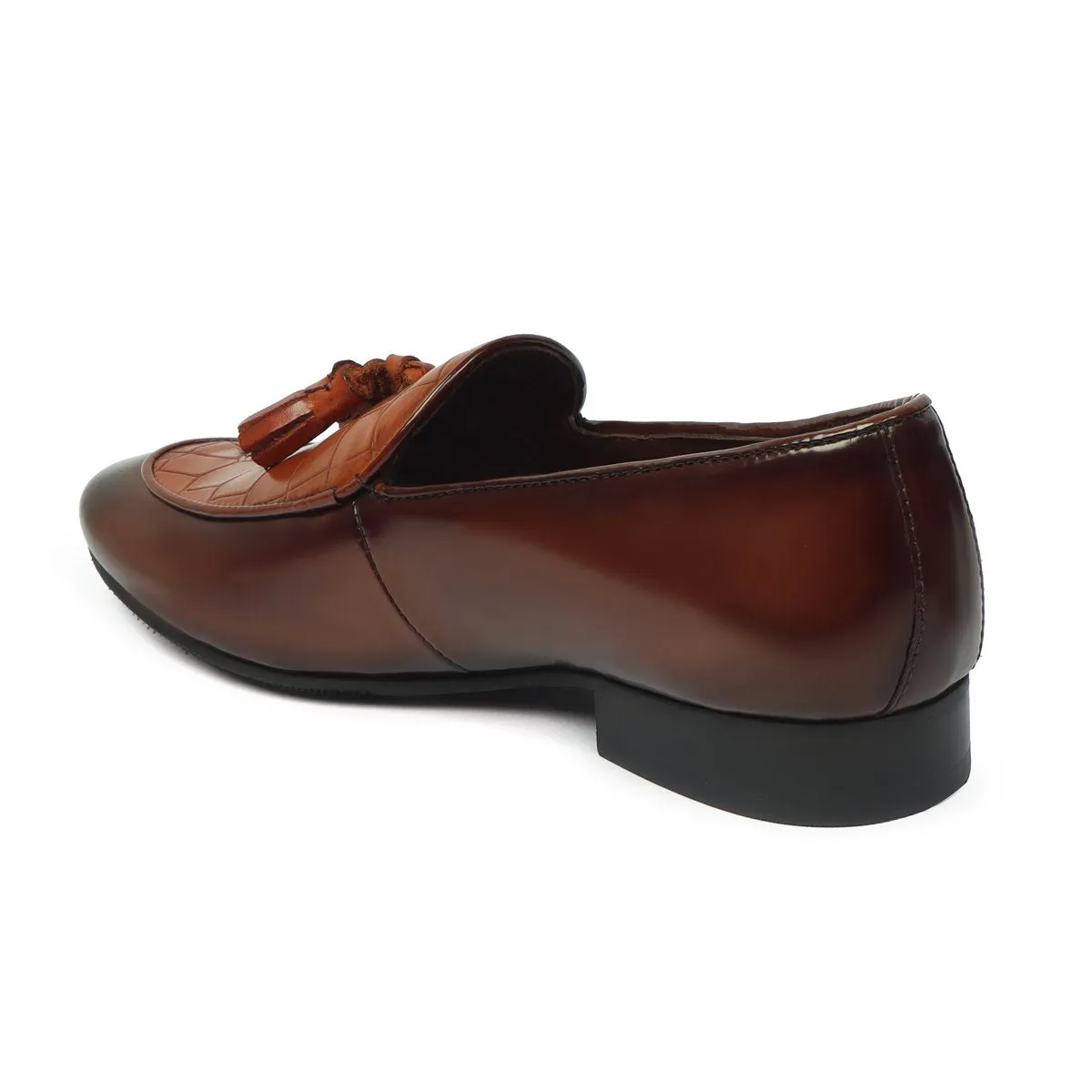 Men's Tan Tassel Loafers With Deep Cut Croco Leather At Vamp By Brune & Bareskin