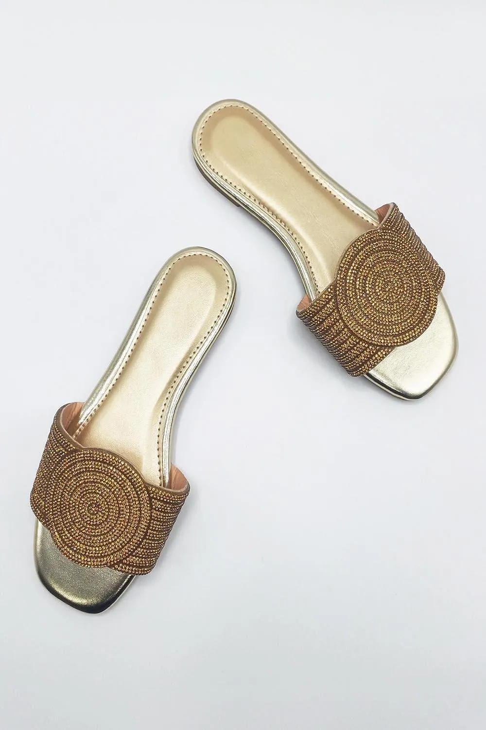 Nala Circle Detail Diamante Band Sliders in Gold