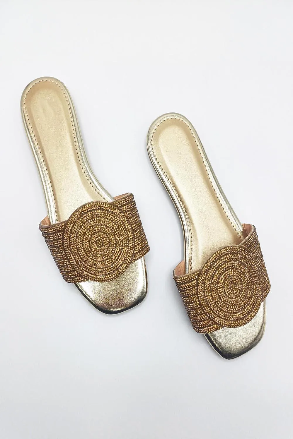 Nala Circle Detail Diamante Band Sliders in Gold