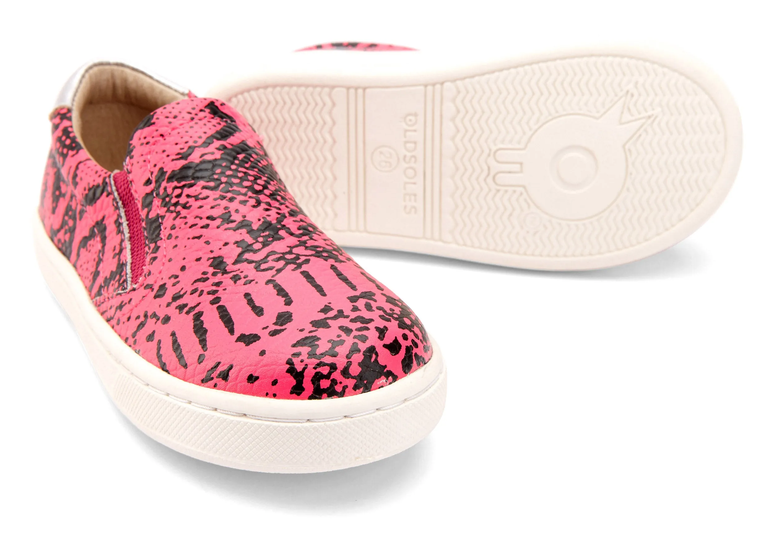 Old Soles Boy's and Girl's 6097 Hoff Style Leather Slip On Sneaker Shoe - Neon Pink Snake/Silver