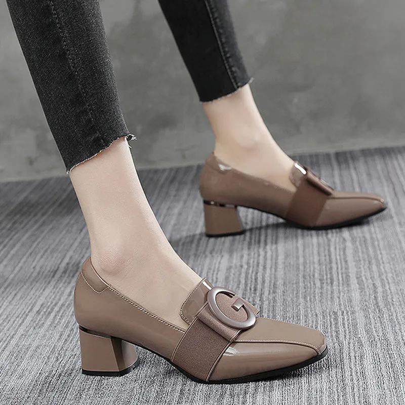 Patent Leather Square Toe Chunky Heel British Shoes