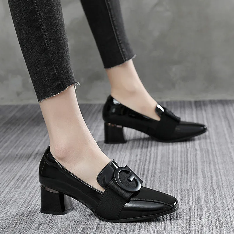 Patent Leather Square Toe Chunky Heel British Shoes