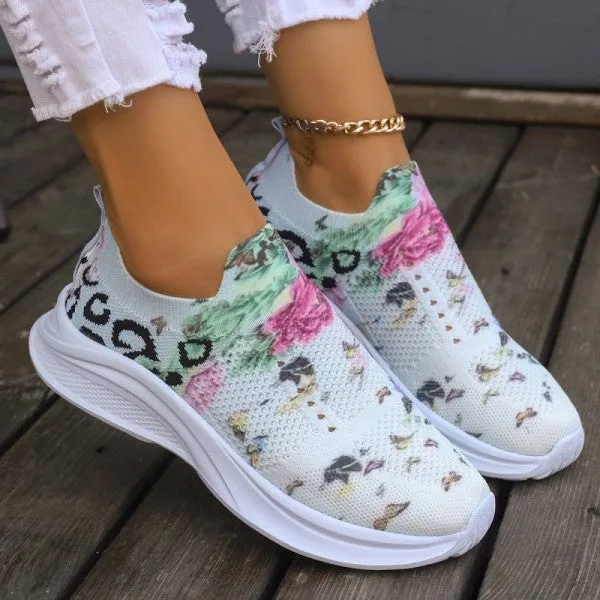 Purpdrank - White Casual Patchwork Printing Round Mesh Breathable Comfortable Out Door Shoes