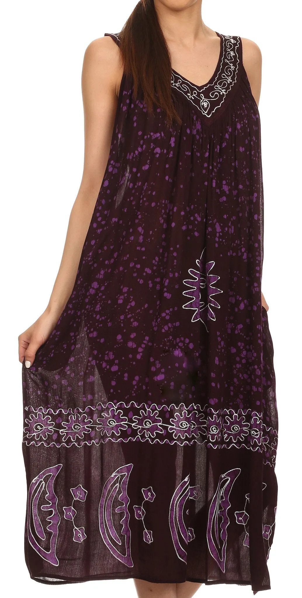 Sakkas Jaelyn Embroidered Tank Top Split Neck Broomstick Dress / Cover Up