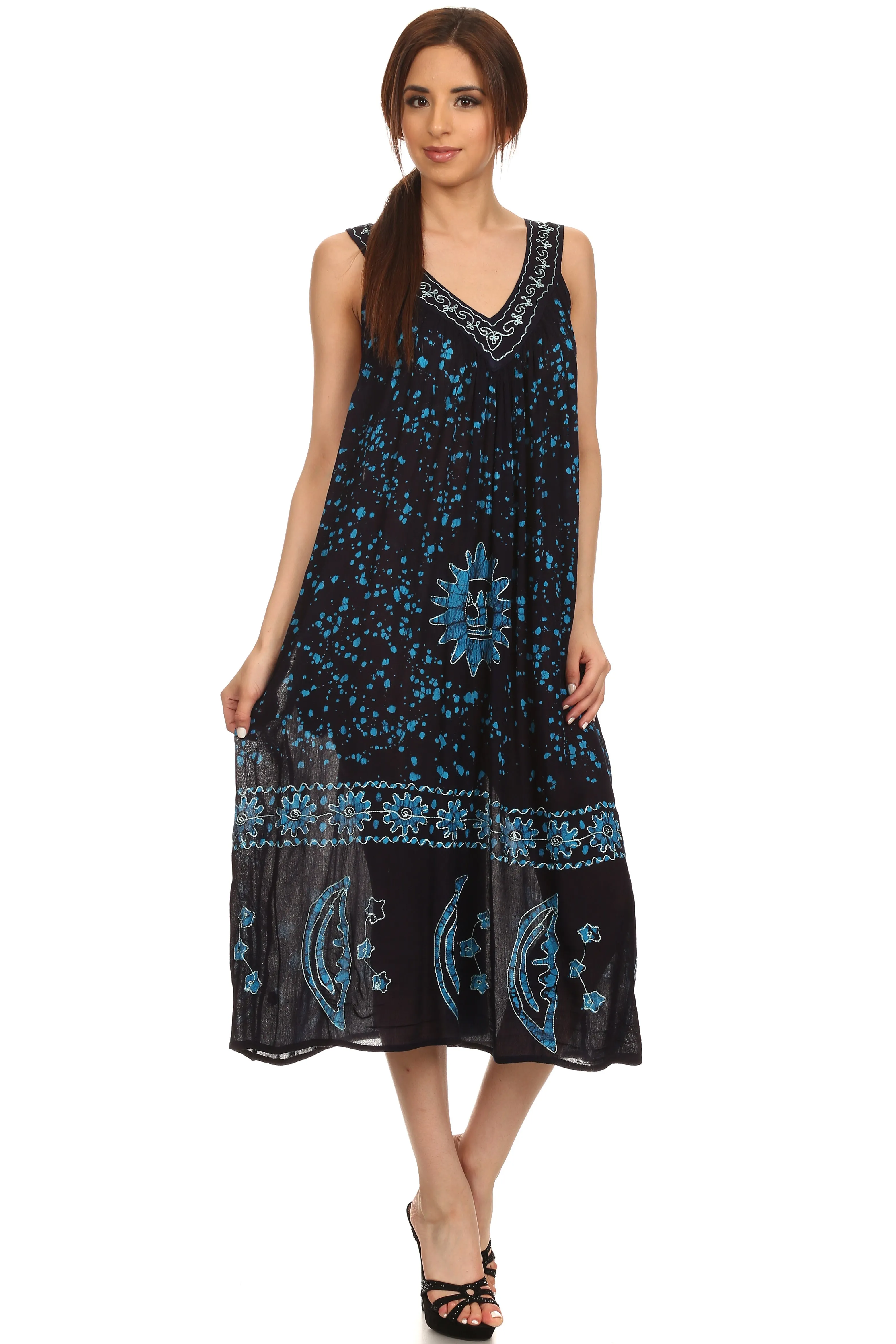 Sakkas Jaelyn Embroidered Tank Top Split Neck Broomstick Dress / Cover Up