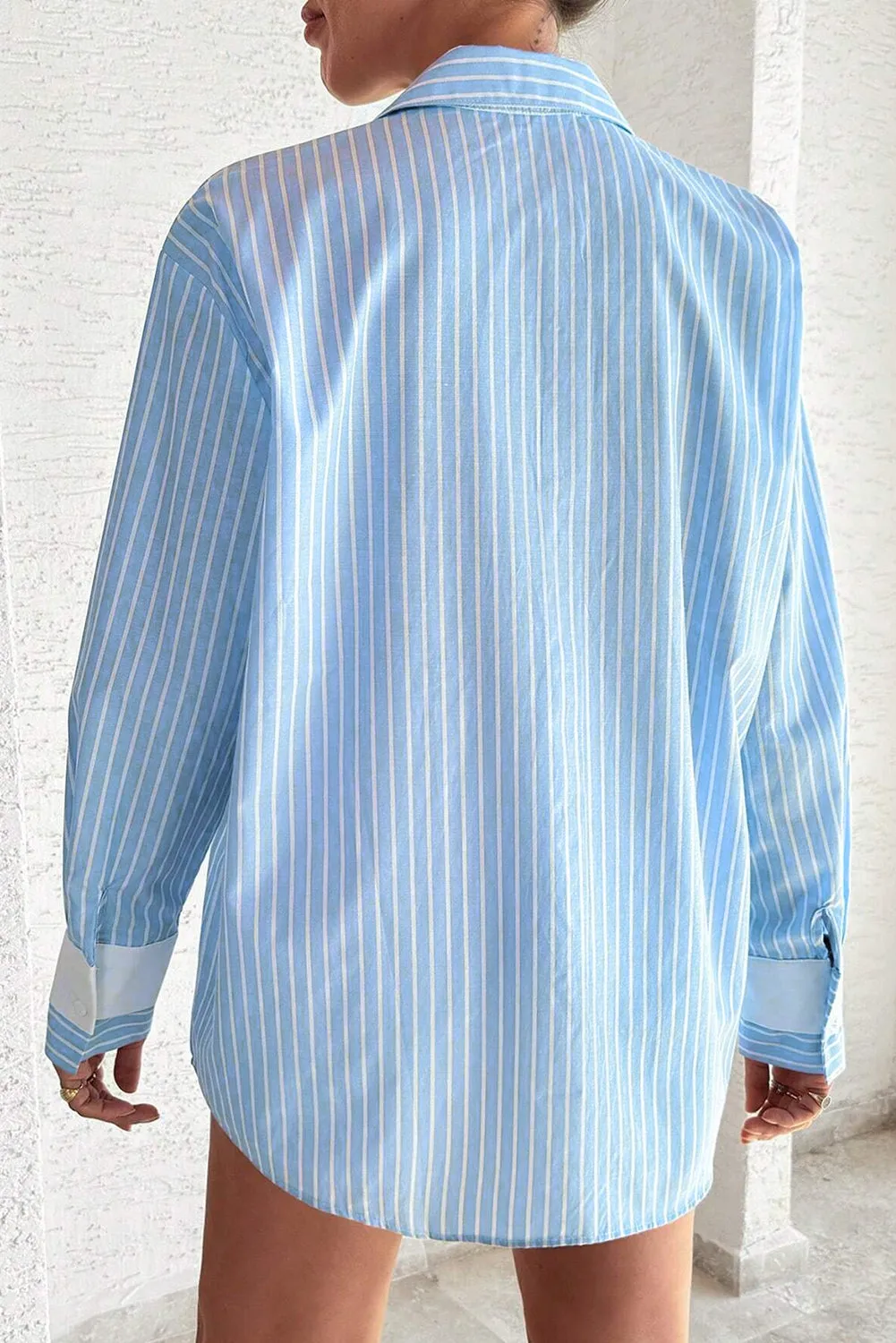 Sky Blue Stripe Contrast Patch Pocket Cuffed Sleeve Casual Shirt