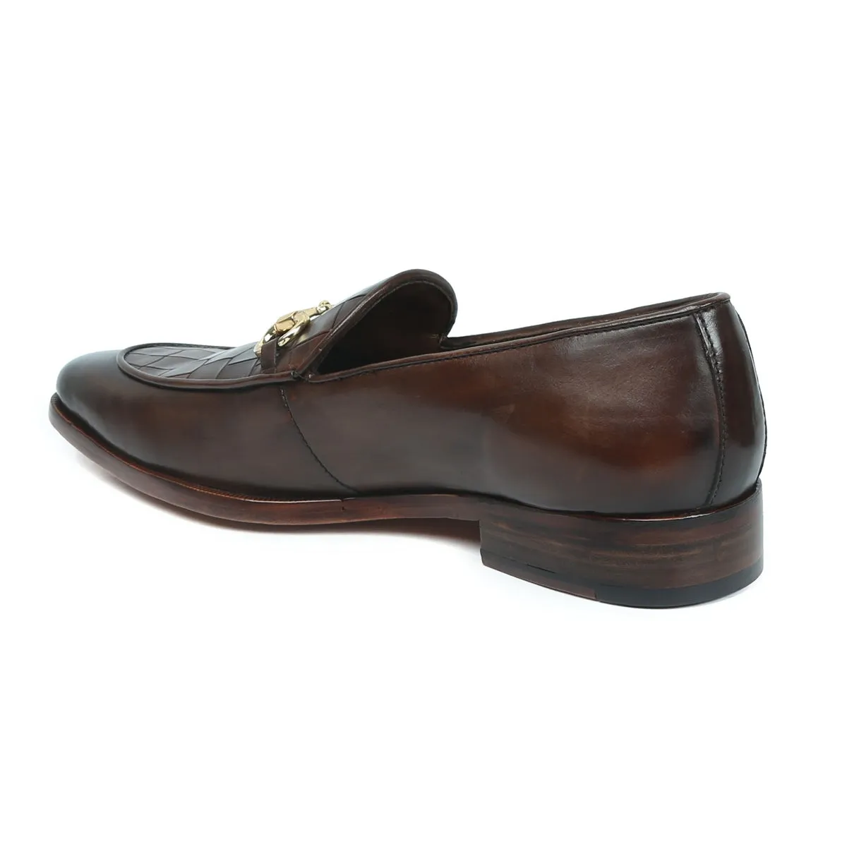 Squared Toe Brown Horse-bit Loafers With Deep Cut Croco Textured Leather at Vamp